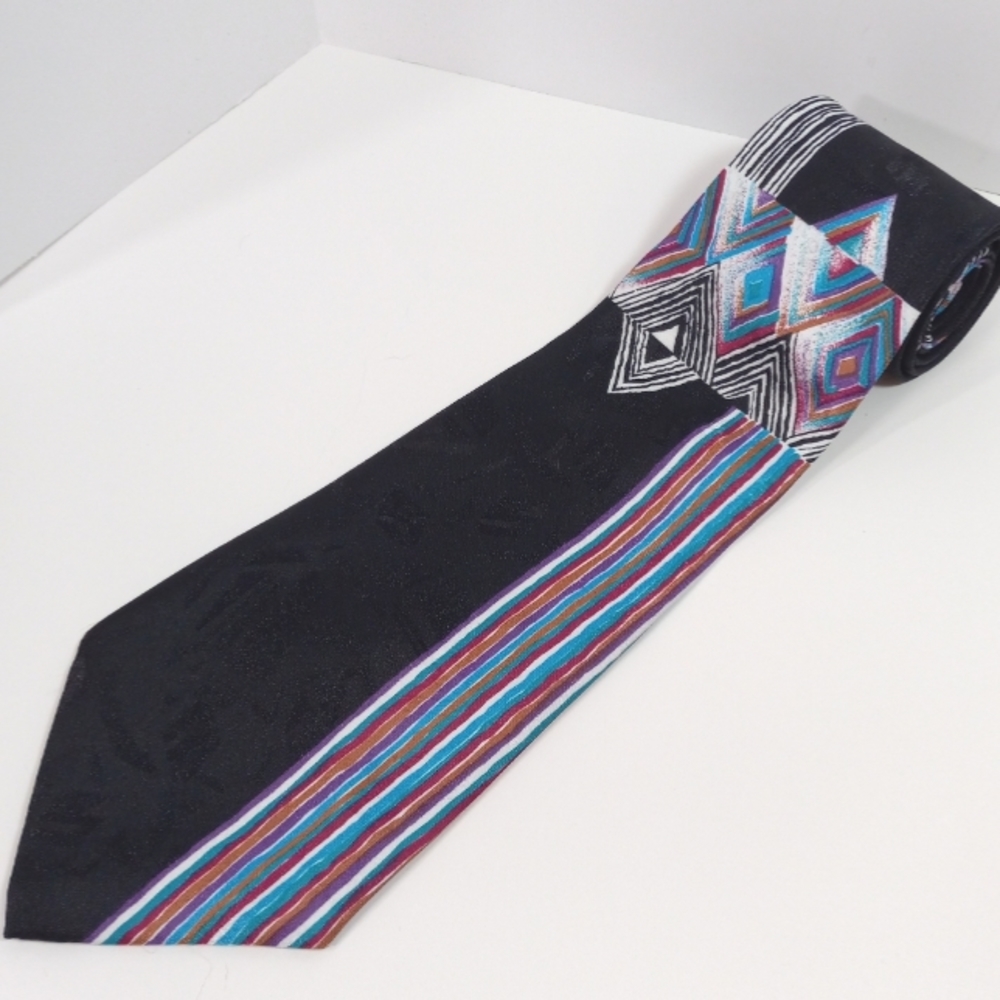Mikael York Collection Abstract Black Prism, Diamonds and Stripes Neck Tie